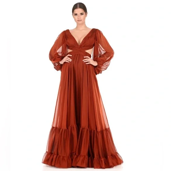 Mac Duggal Long Sleeve Cut Out Lace Up Tiered Chiffon Gown In Copper 67948 - Picture 8 of 8
